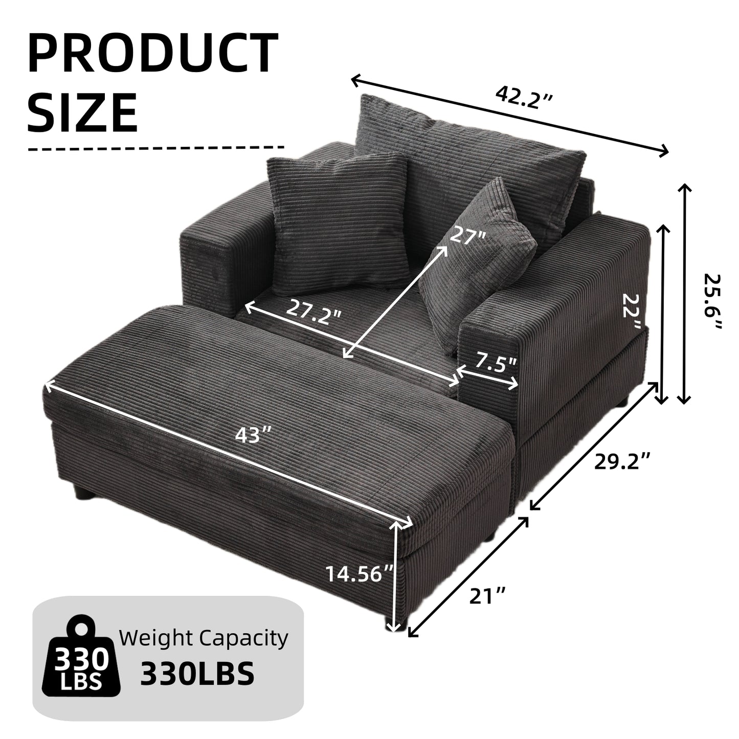 Dark Gray Corduroy Chaise Lounge Chair with Ottoman for Living Room