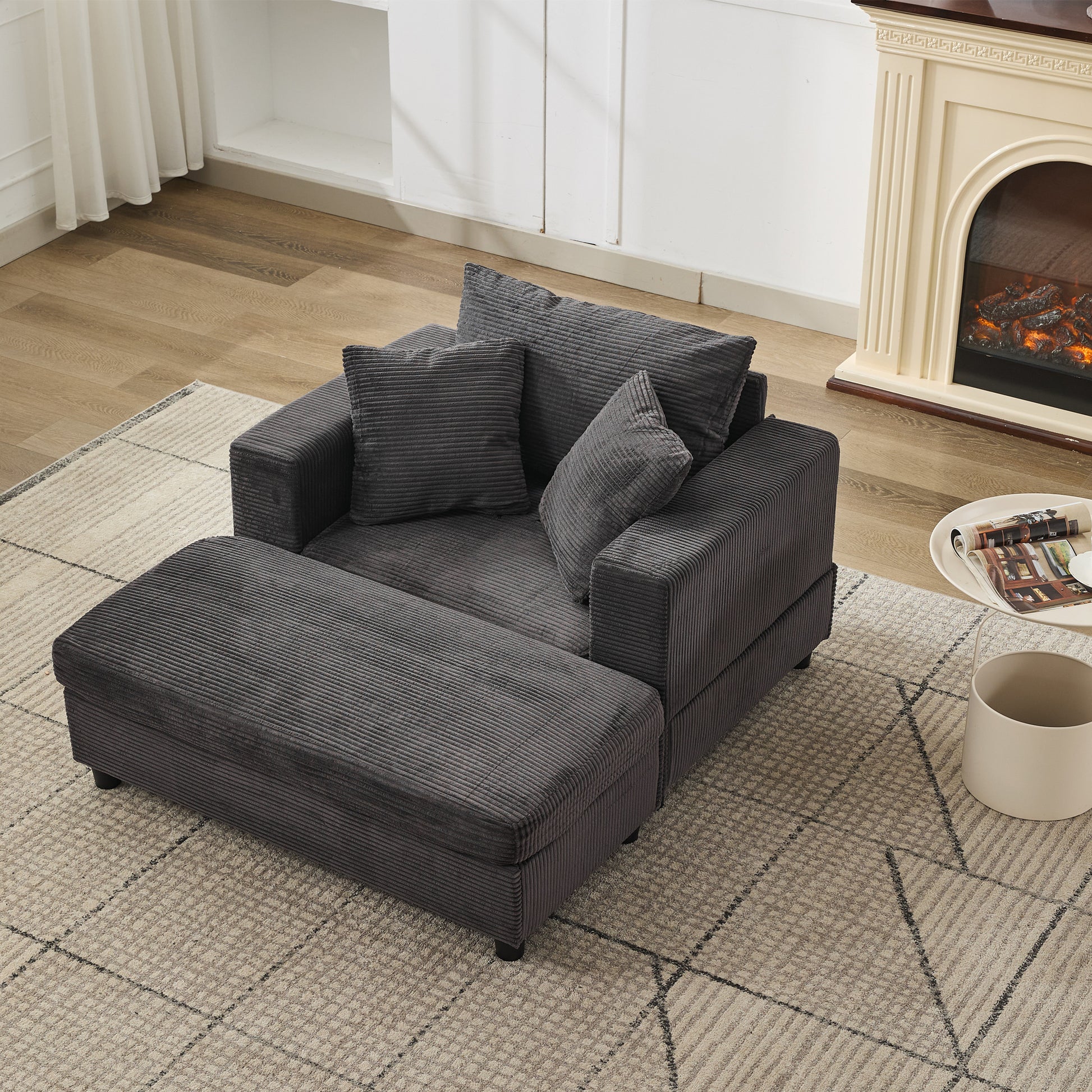 Dark Gray Corduroy Chaise Lounge Chair with Ottoman for Living Room