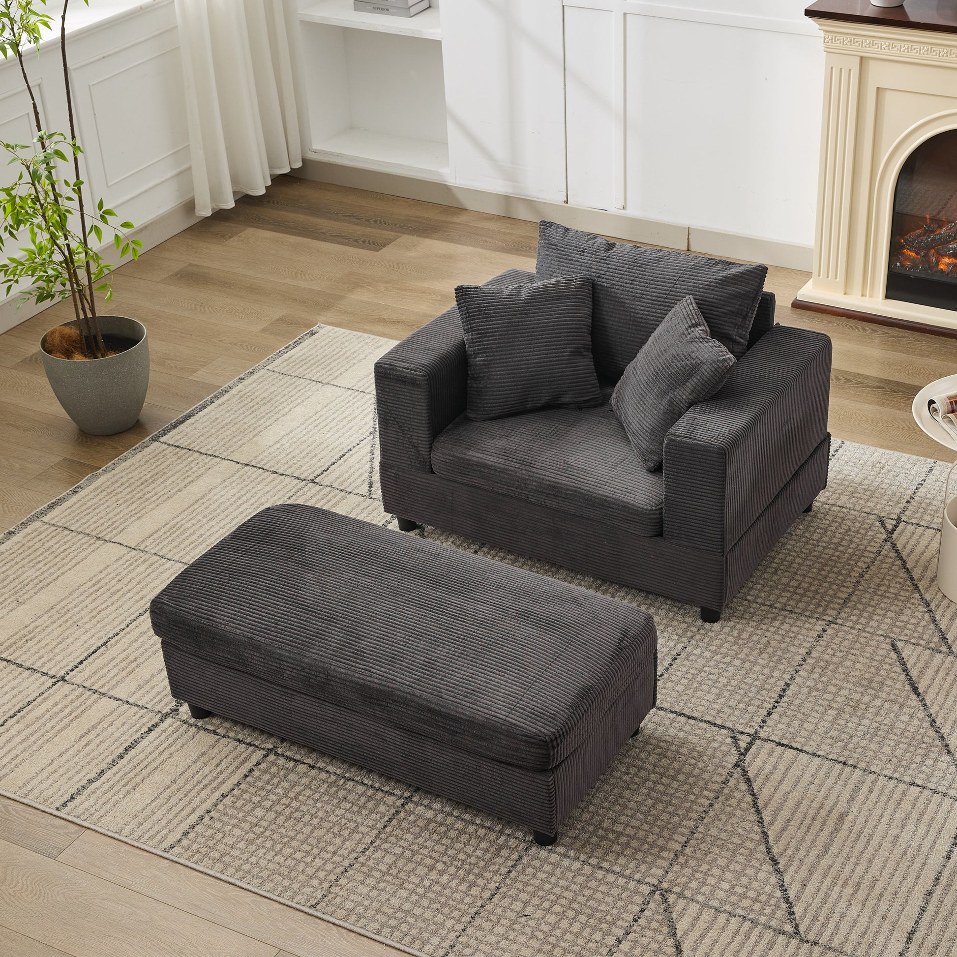 Dark Gray Corduroy Chaise Lounge Chair with Ottoman for Living Room