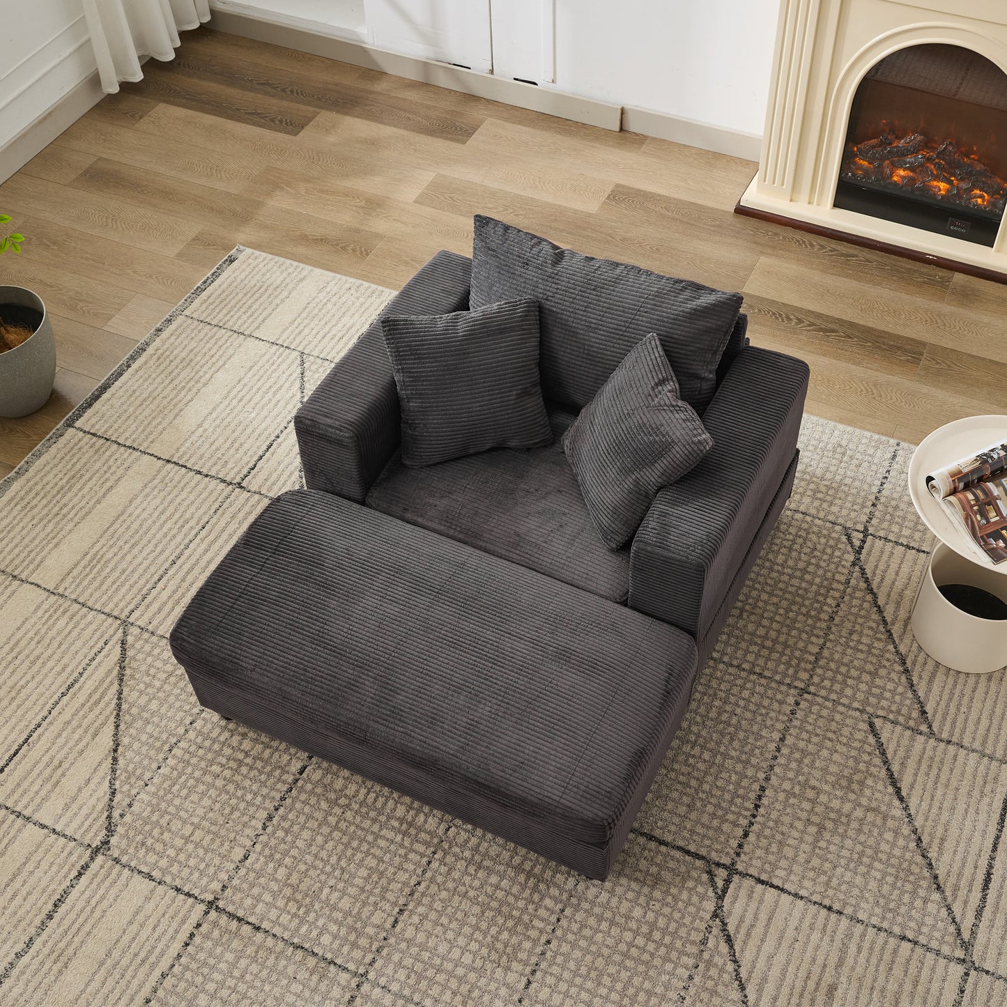 Dark Gray Corduroy Chaise Lounge Chair with Ottoman for Living Room