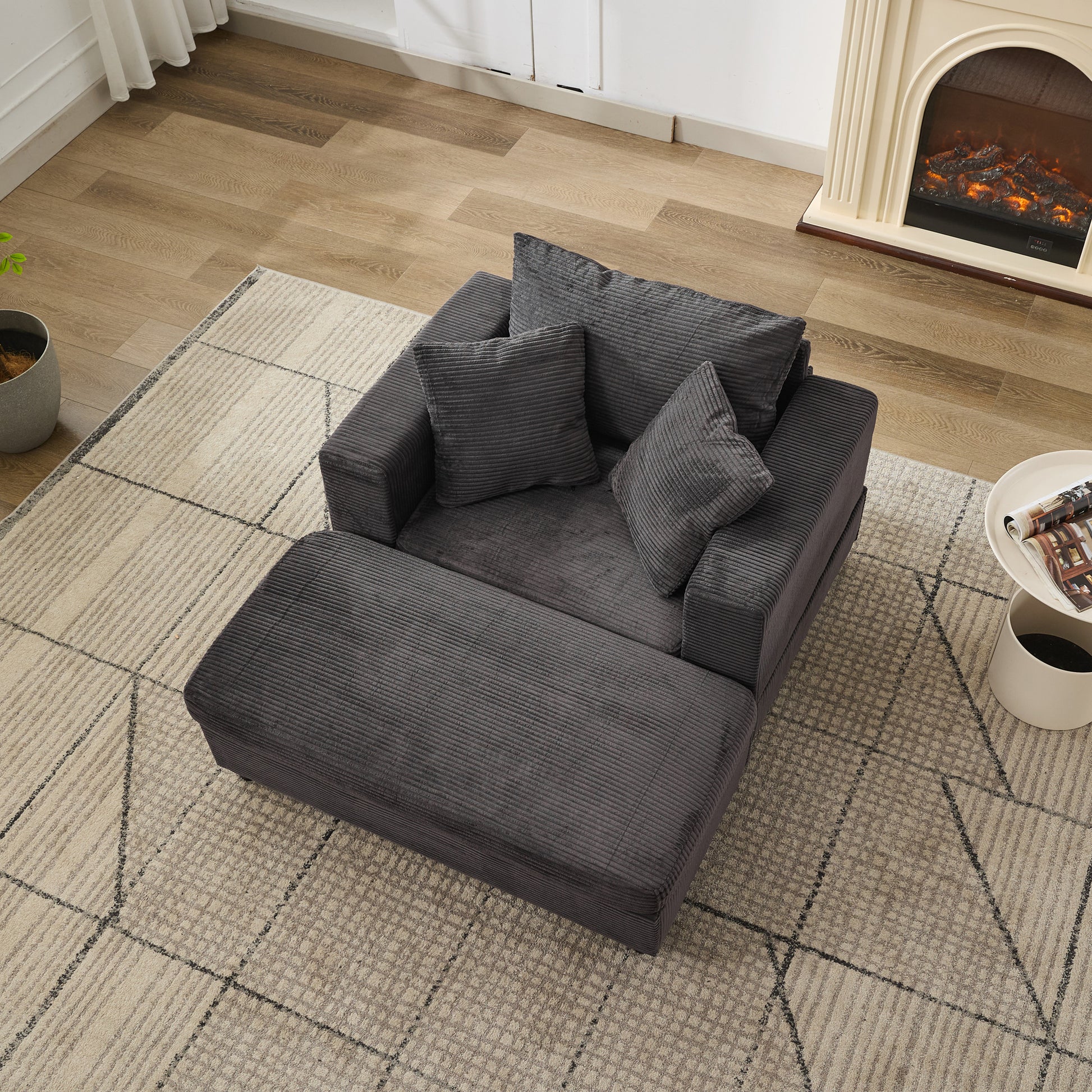 Dark Gray Corduroy Chaise Lounge Chair with Ottoman for Living Room
