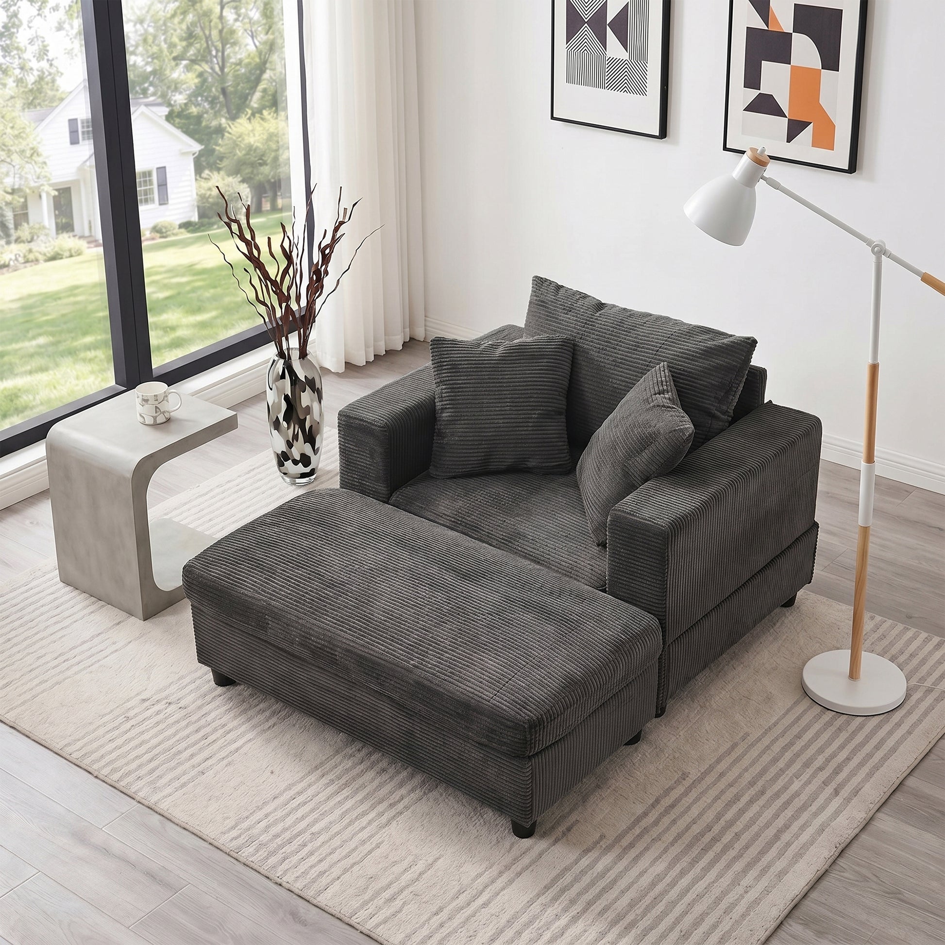 Chaise Lounge Chair with Removable Ottoman Accent Sofa Bed Upholstered Sleeper Couch Bed with Pillows, Modern Deep Seat Upholstered Armchair for Living Room, Bedroom
