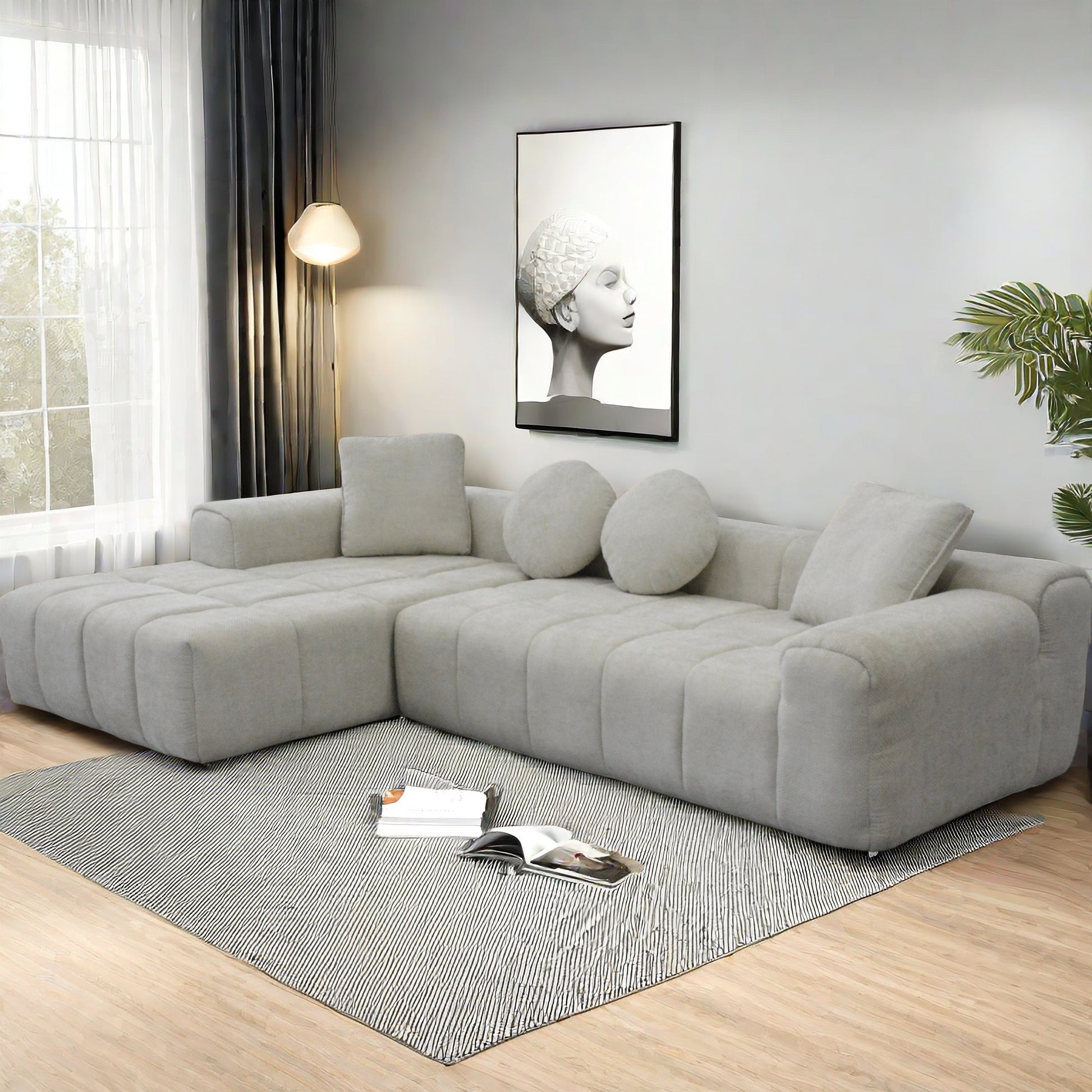 Modern L_Style Beige L-Shaped Compressed Sofa Chaise Lounge: High Resilience Soft, Comfortable Seating, Space-Saving Design, Ideal for Small Spaces