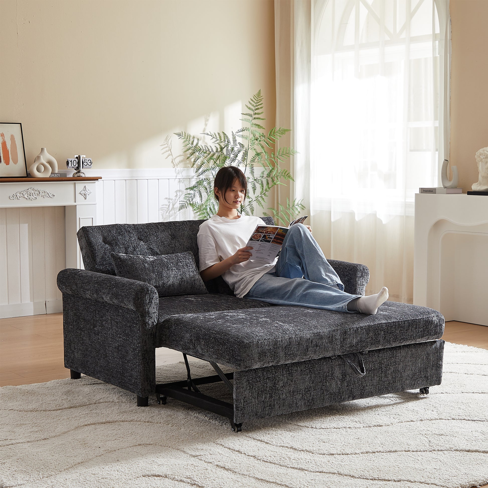 58.27 Inch Upholstery Sofa Bed - Modern Chenille Fabric Loveseat with Adjustable Back - Classic Pull-Out Sofa Bed - Cozy for Living Room or Bedroom - Dark Gray Fabric