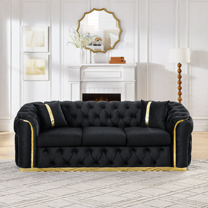 90.6 Inches Velvet Button Tufted Sofa Couch with 2 Pillows, 3 Seater Luxury Chesterfield Sofa Set with Gold Stainless Steel Accents for Living Room, 280g Italian Velvet Black