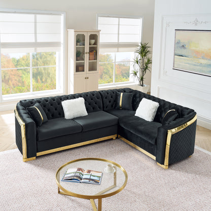 106 Inches L-Shaped Chesterfield Sectional Sofa Set with Gold Stainless Steel Accents, Velvet Button Tufted Sofa with 5 Pillows Luxury Couch for Living Room, Black