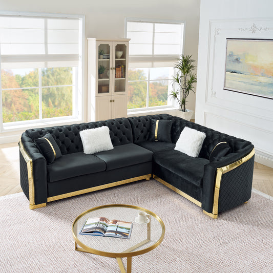 106 Inches L-Shaped Chesterfield Sectional Sofa Set with Gold Stainless Steel Accents, Velvet Button Tufted Sofa with 5 Pillows Luxury Couch for Living Room, Black