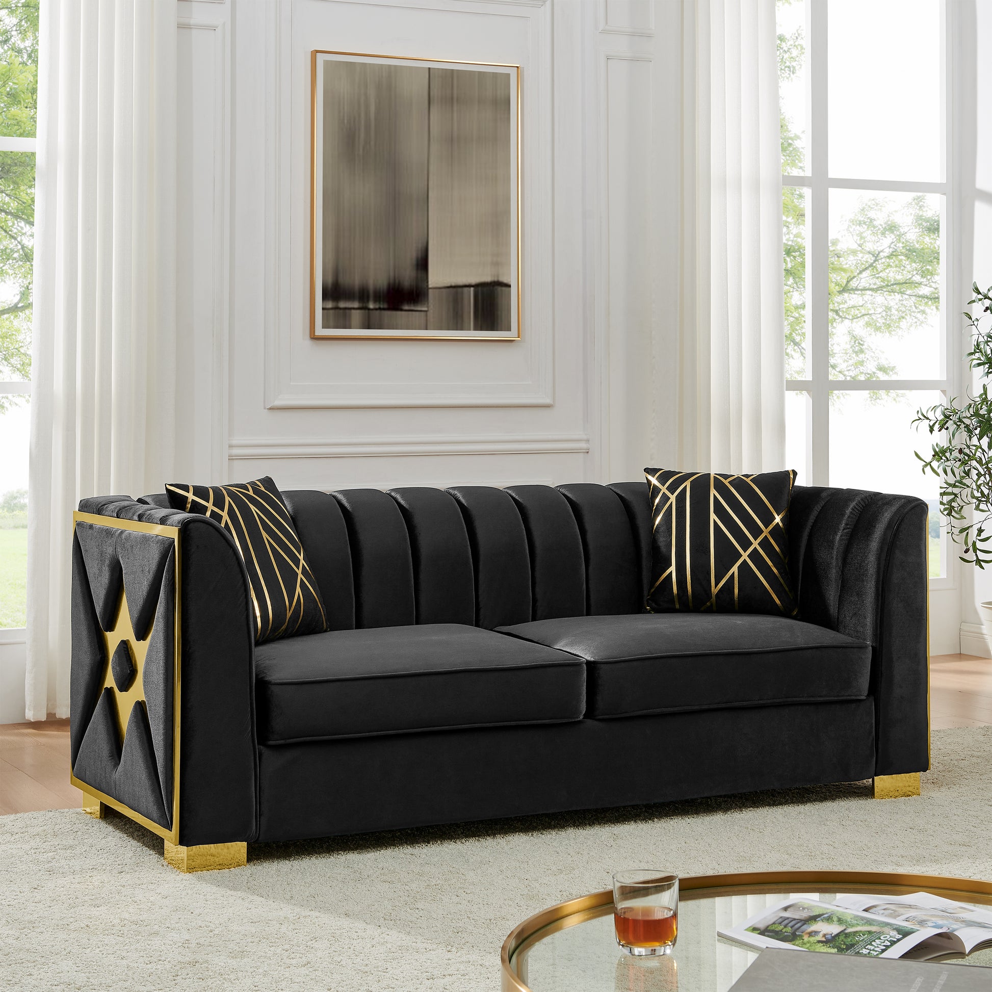 81.1 Inches Velvet Button Tufted Sofa Couch with 2 Pillows, 3 Seater Luxury Chesterfield Sofa Set with Gold Stainless Steel Accents for Living Room, Velvet Black