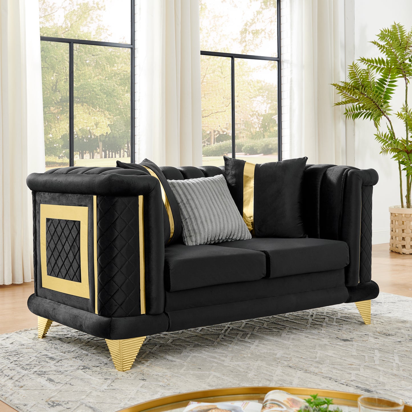 69 Inches Velvet Loveseat Luxury Sofa with Gold Stainless Steel Trims and Embroidered Texture, Mid Century Modern Victorian Tufted Couch for Living Room with 1 Fur & 2 Gold Strip Pillows, Black