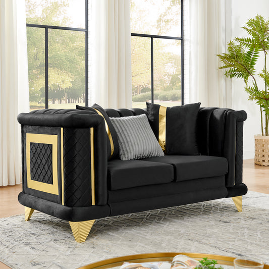 69 Inches Velvet Loveseat Luxury Sofa with Gold Stainless Steel Trims and Embroidered Texture, Mid Century Modern Victorian Tufted Couch for Living Room with 1 Fur & 2 Gold Strip Pillows, Black