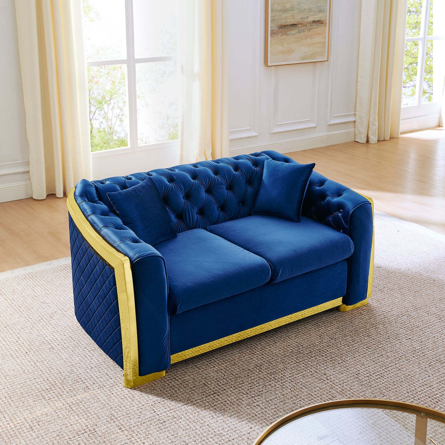 Luxury Navy Velvet Loveseat Couch - Mid-Century Chesterfield Sofa