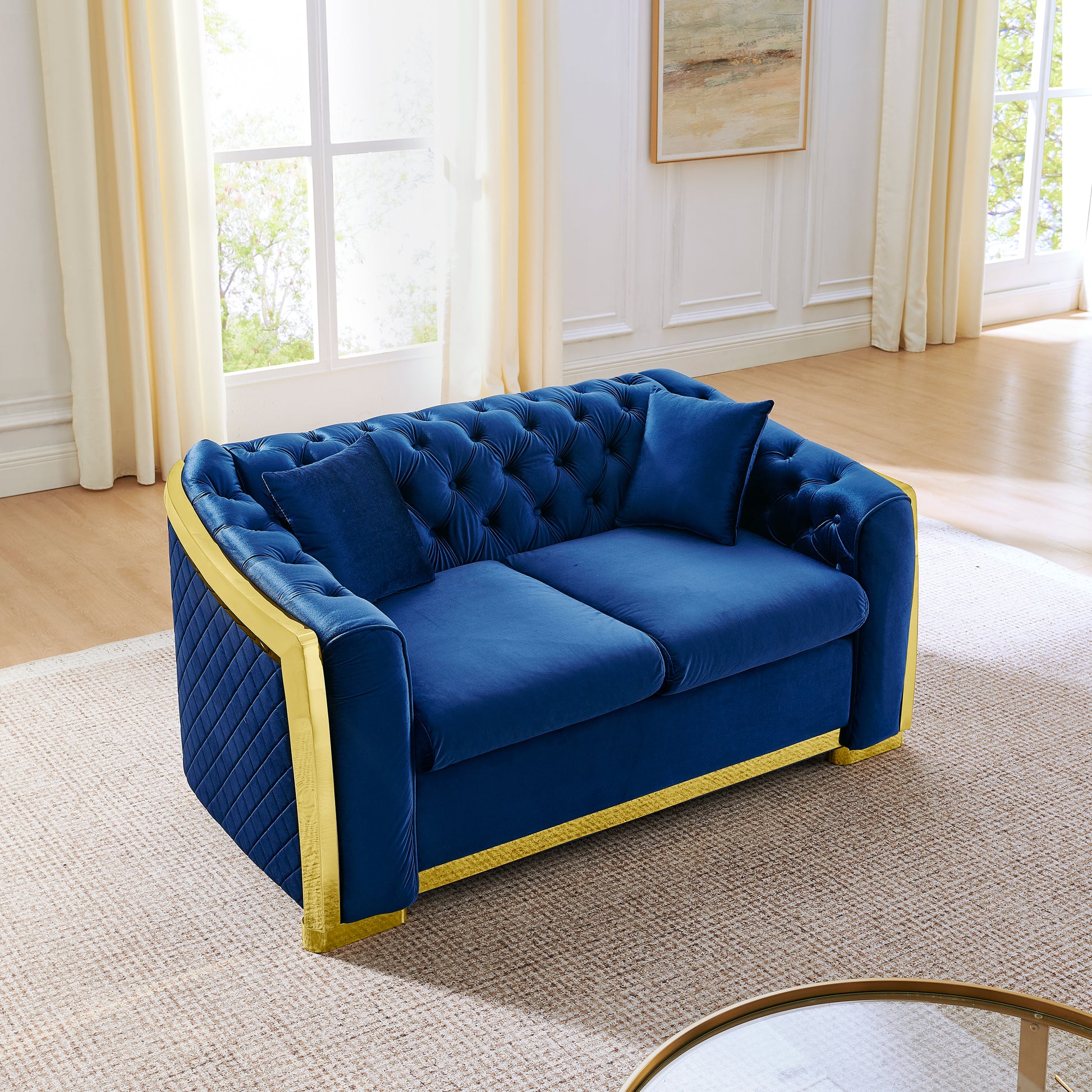 Luxury Navy Velvet Loveseat Couch - Mid-Century Chesterfield Sofa