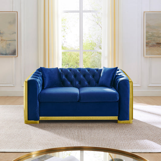 Luxury Velvet Button Tufted Loveseat Couch, 62" Mid Century Modern Chesterfield Sofa for Living Room with Gold Stainless Steel Decoration and 2 Pillows, Navy Blue