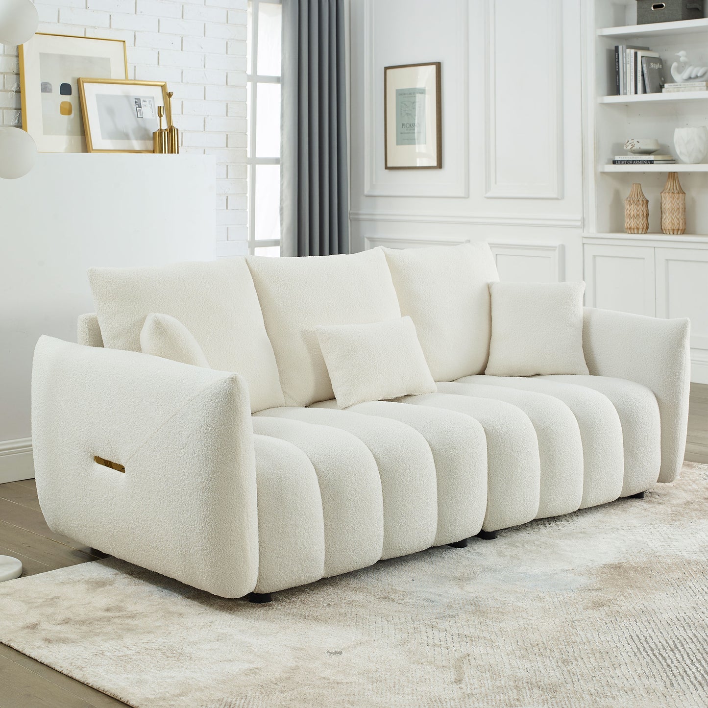 [video] MH 79.5" Premium Teddy fabric Sofa with 3 Back Pillows and 3 back Cushions Solid Wood Frame 3-Seater Sofa, Oversized Upholstered Chair for Living Room, Bedroom, Apartment and Office