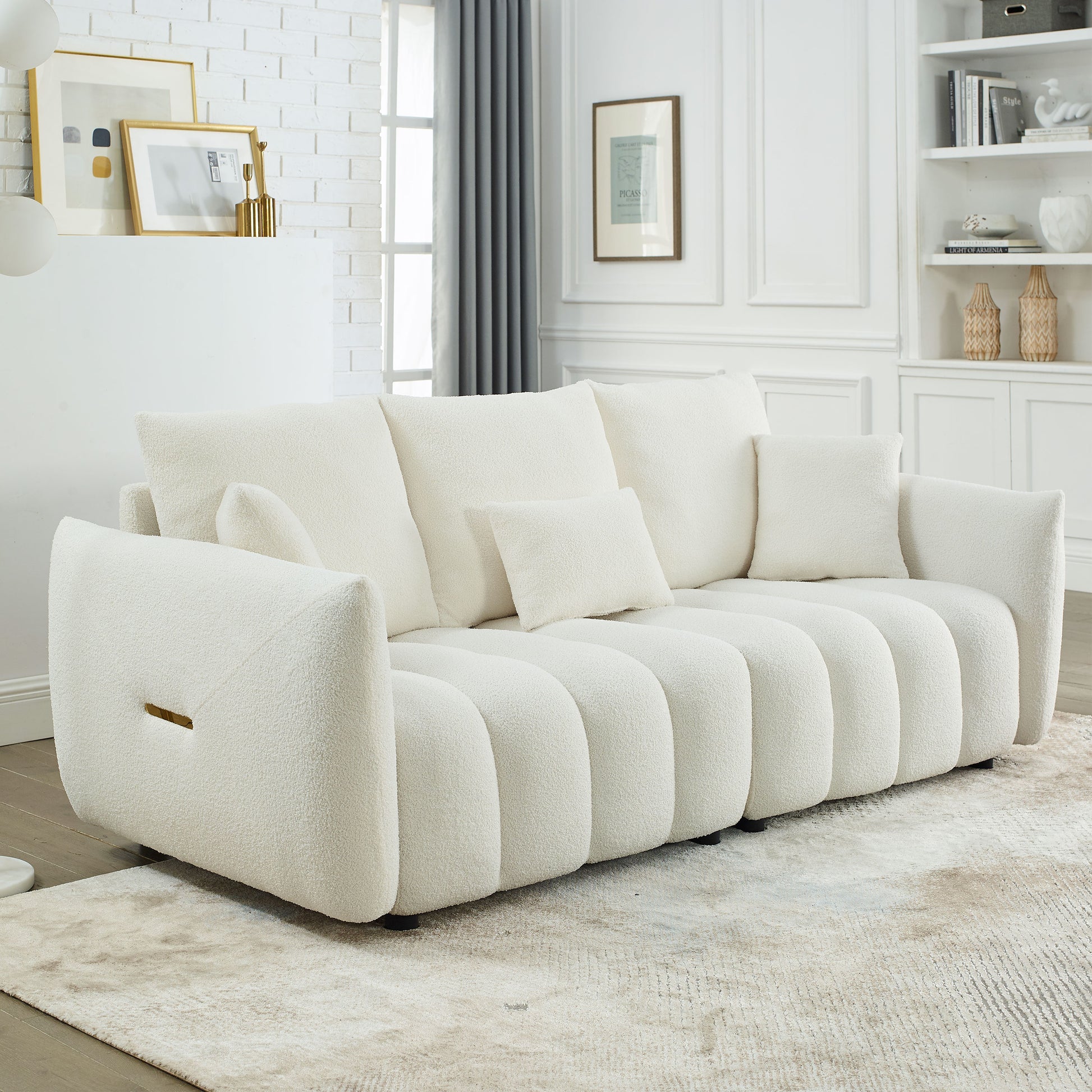 [video] MH 79.5" Premium Teddy fabric Sofa with 3 Back Pillows and 3 back Cushions Solid Wood Frame 3-Seater Sofa, Oversized Upholstered Chair for Living Room, Bedroom, Apartment and Office