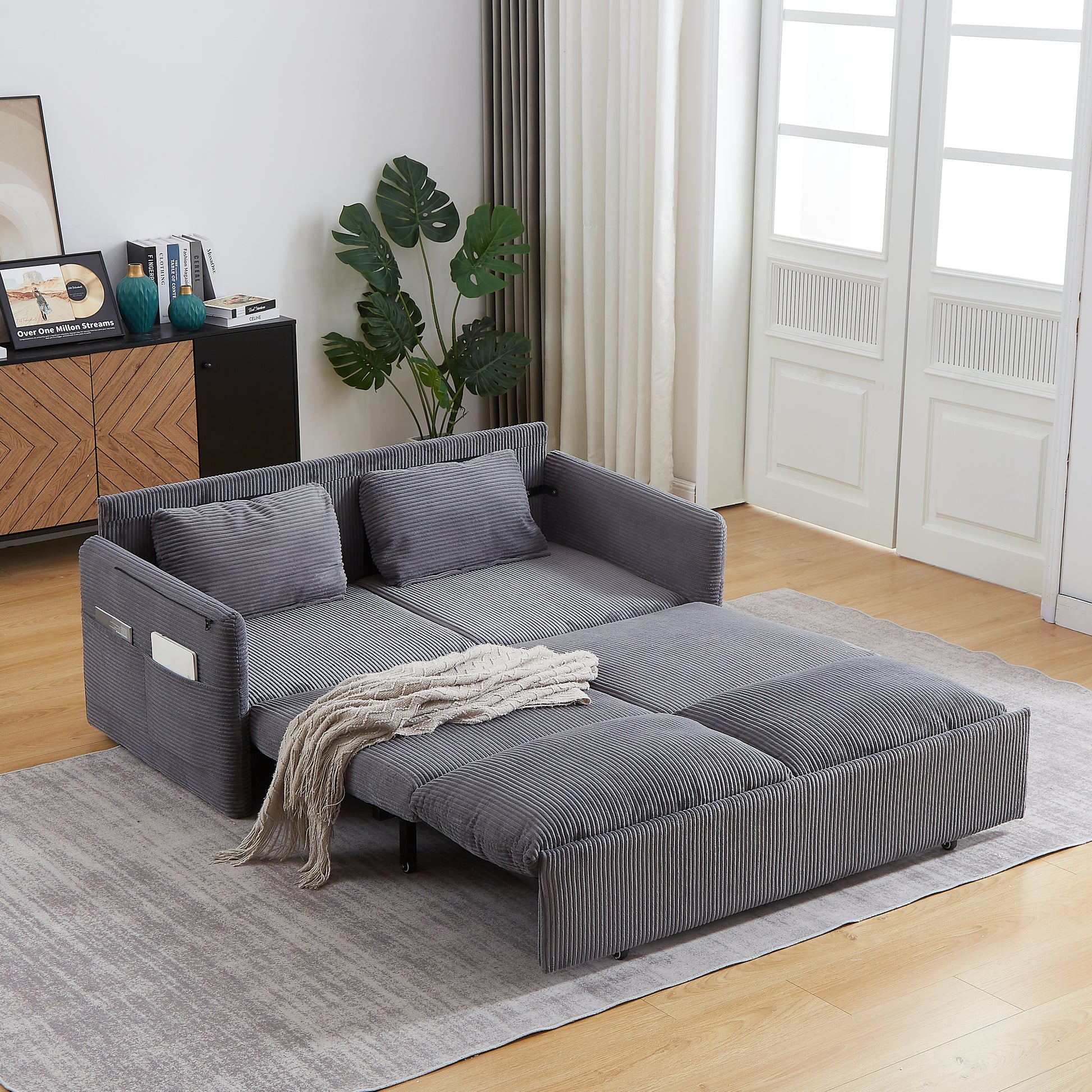 MH'' 64.5 Inch Sleeper Sofa Bed  3-in-1 Adjustable Sleeper with Pullout Bed   2 Pillows and Side Pockets  Soft Corduroy Convertible Sleeper Sofa Bed for Living Room Bedroom Apartment Office