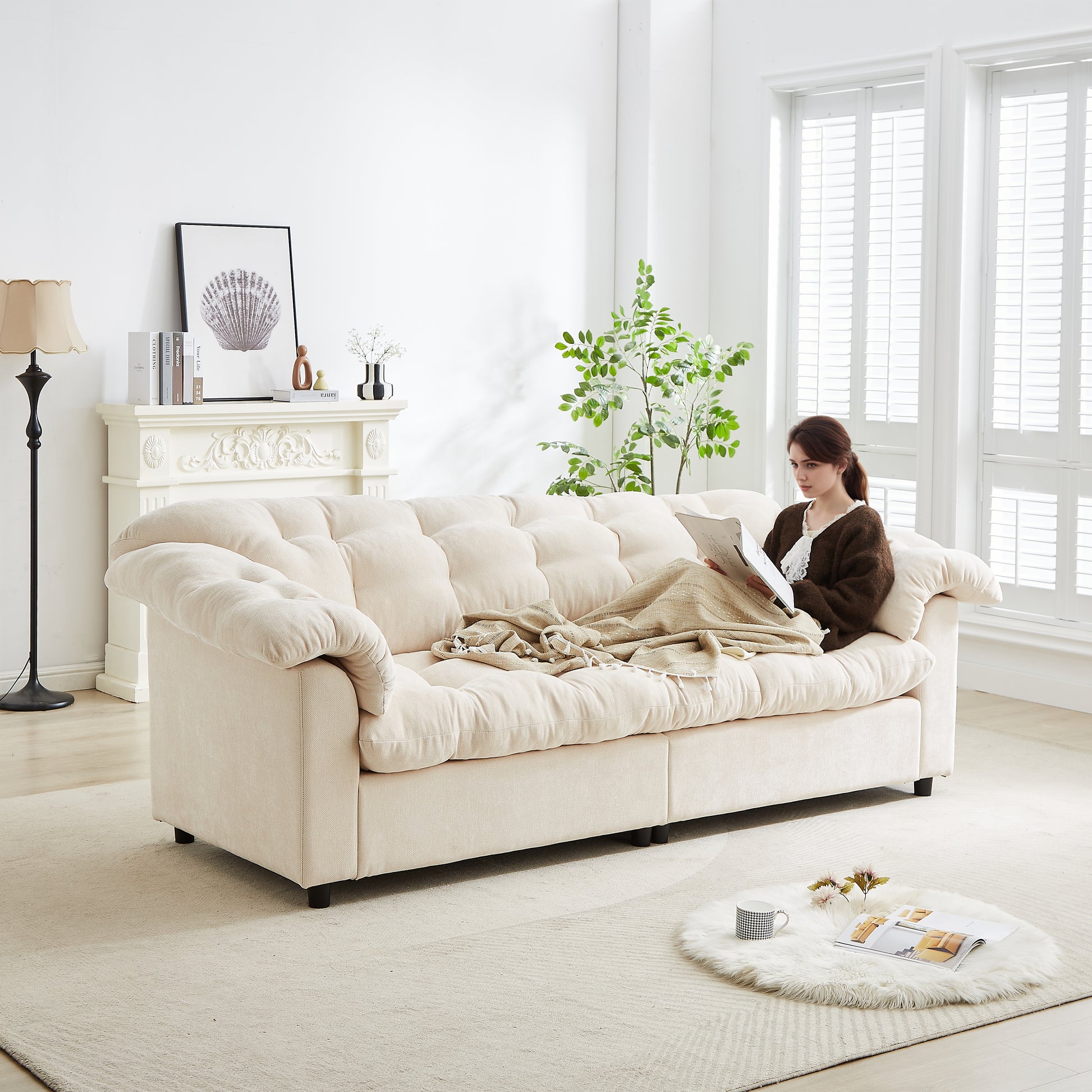 3 Seat Beige Chenille Sofa - Modern Comfort Sofa for Living Room