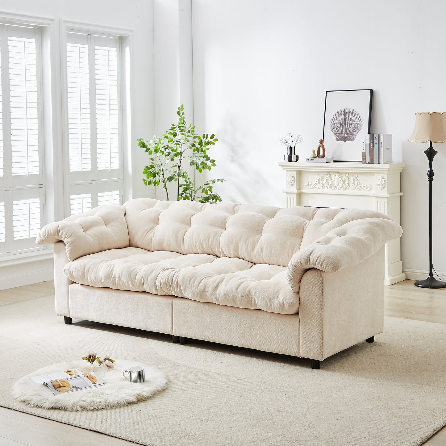 3 Seat Beige Chenille Sofa - Modern Comfort Sofa for Living Room