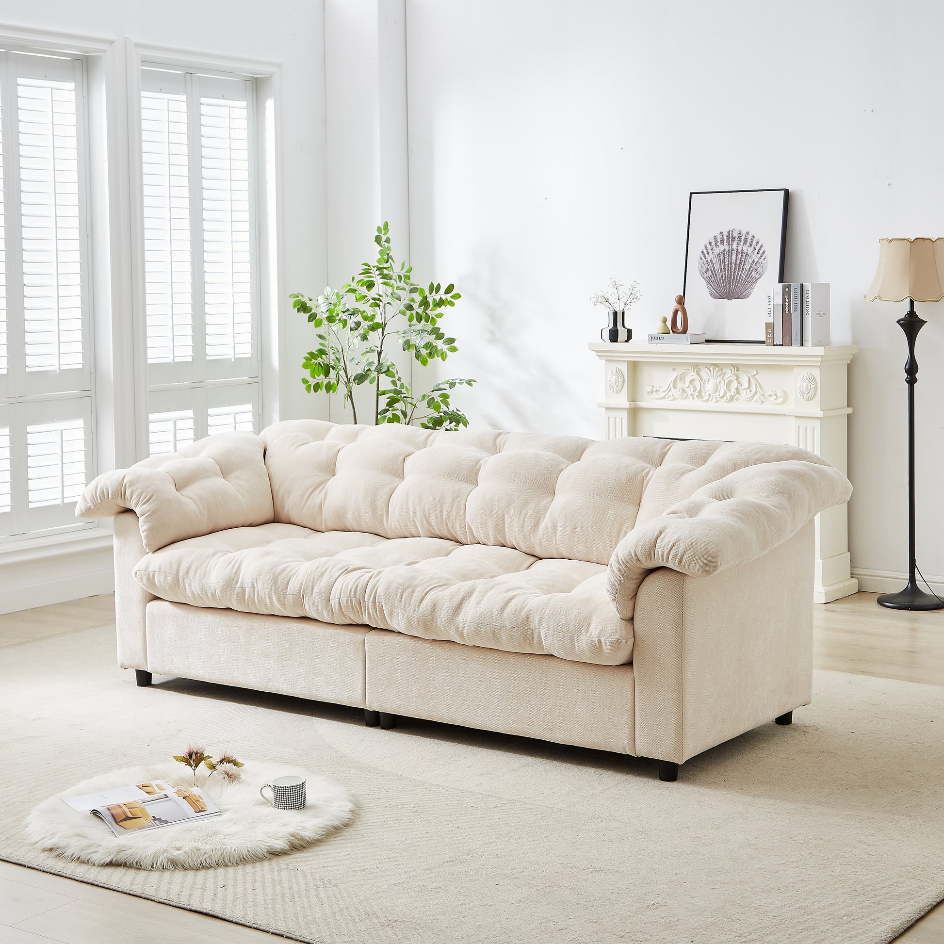 3 Seat Beige Chenille Sofa - Modern Comfort Sofa for Living Room