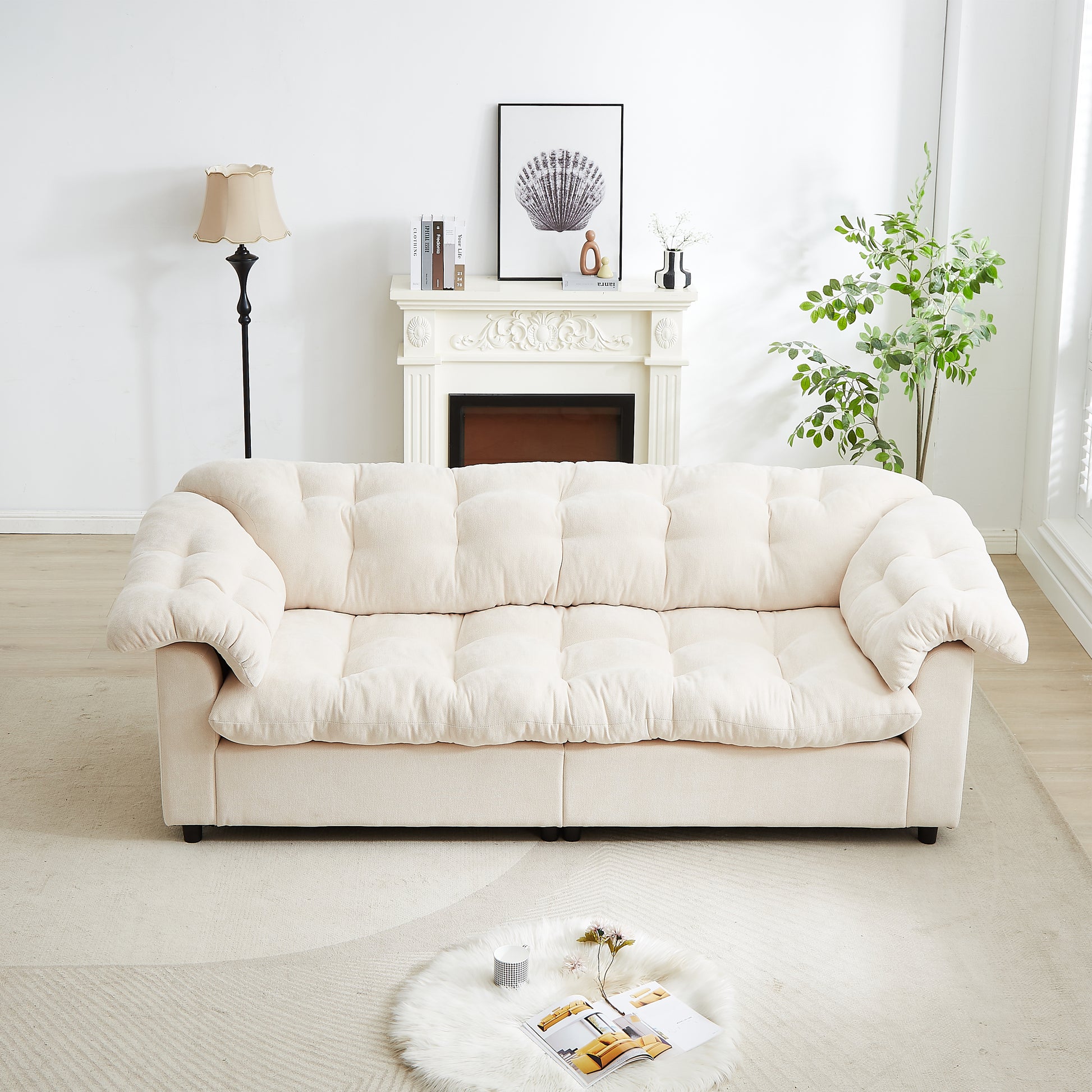 3 Seat Beige Chenille Sofa - Modern Comfort Sofa for Living Room