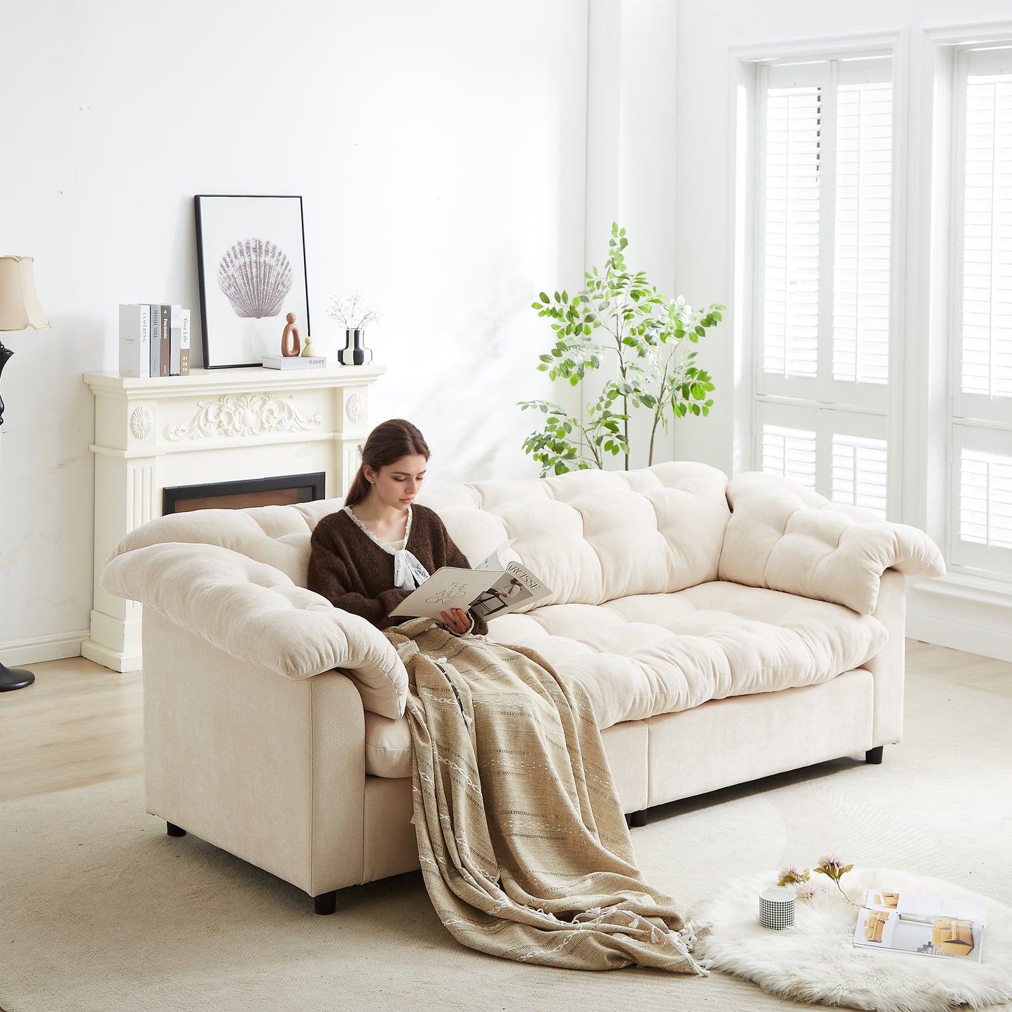 3 Seat Beige Chenille Sofa - Modern Comfort Sofa for Living Room