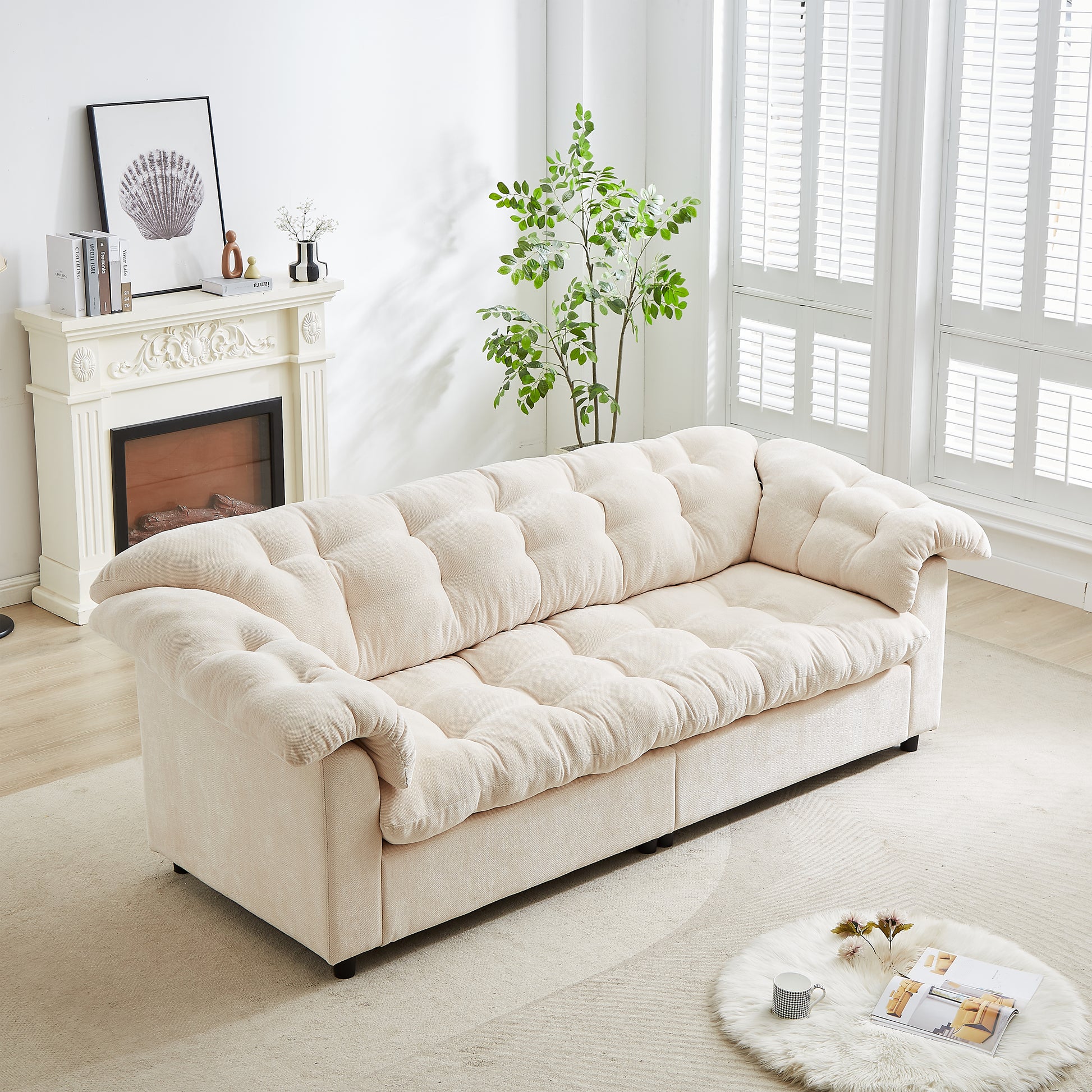 3 Seat Beige Chenille Sofa - Modern Comfort Sofa for Living Room