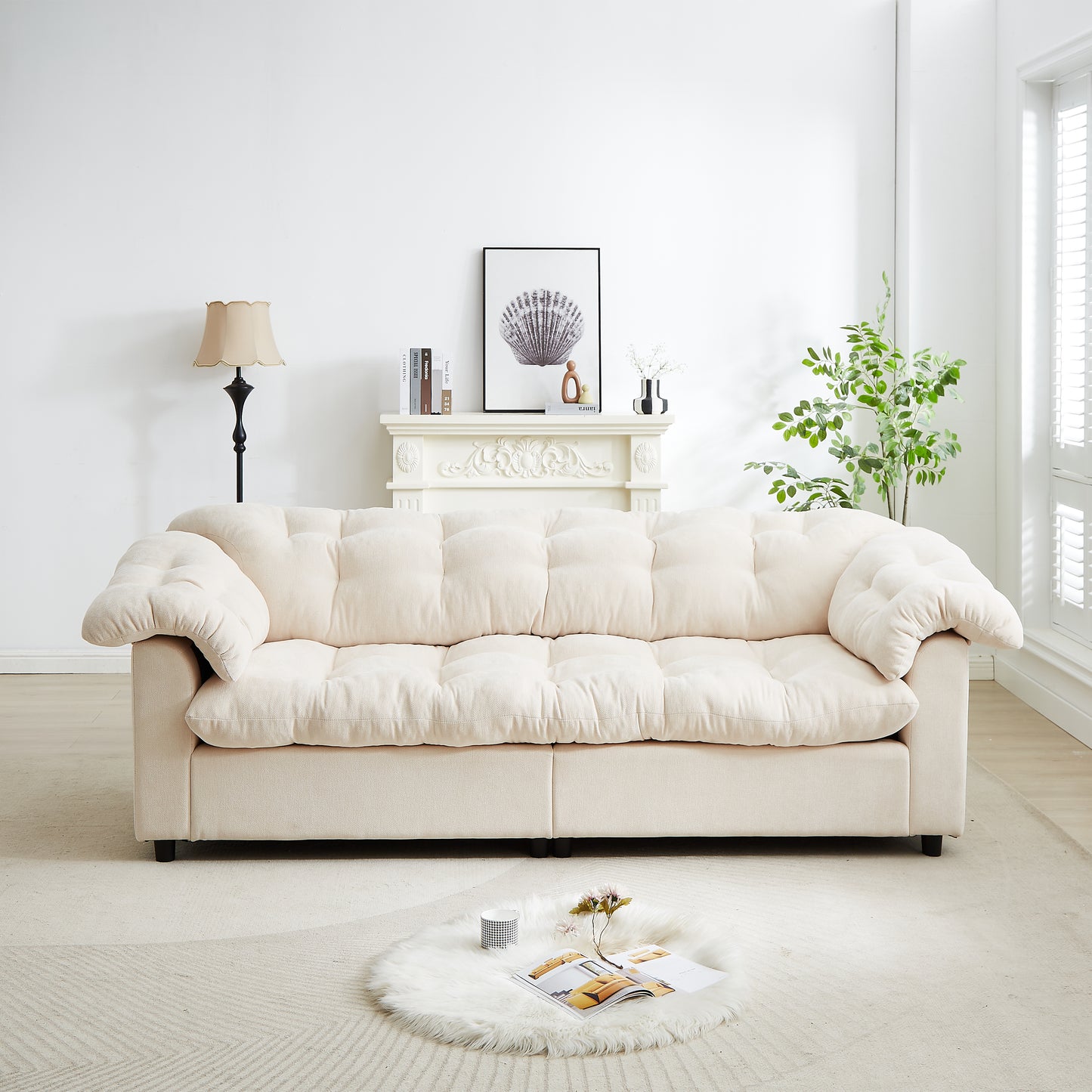 94.8" Chenille Modern Comfort Deep Seat Sofa, Upholstered Fluffy Cloud Sofa Suitable for living rooms, bedrooms, offices and apartments, beige