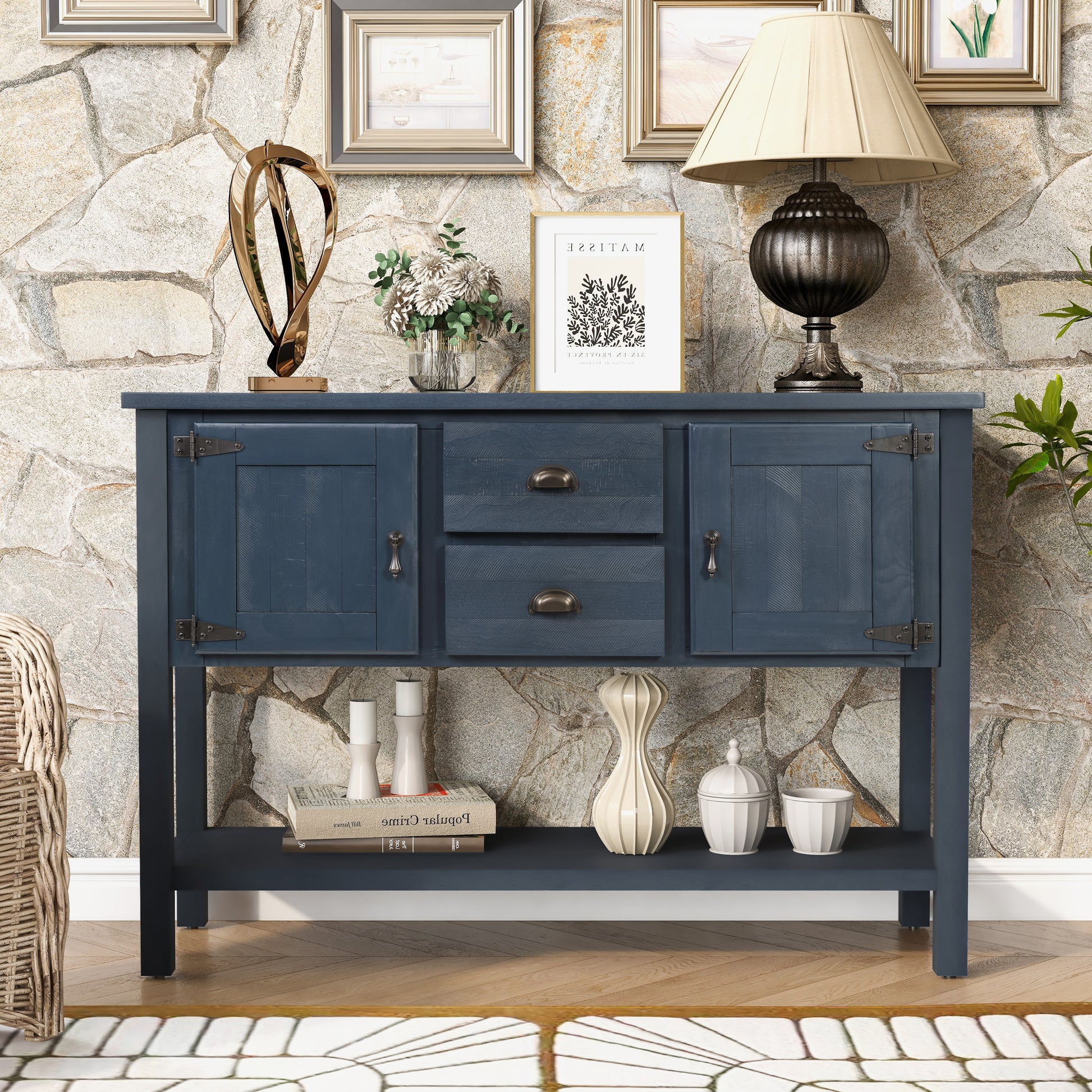 46'' Solid Wood Sideboard Console Table with 2 Drawers and Cabinets and Bottom Shelf, Retro Style Storage Dining Buffet Server Cabinet for Living Room Kitchen Dining Room(Navy Blue)