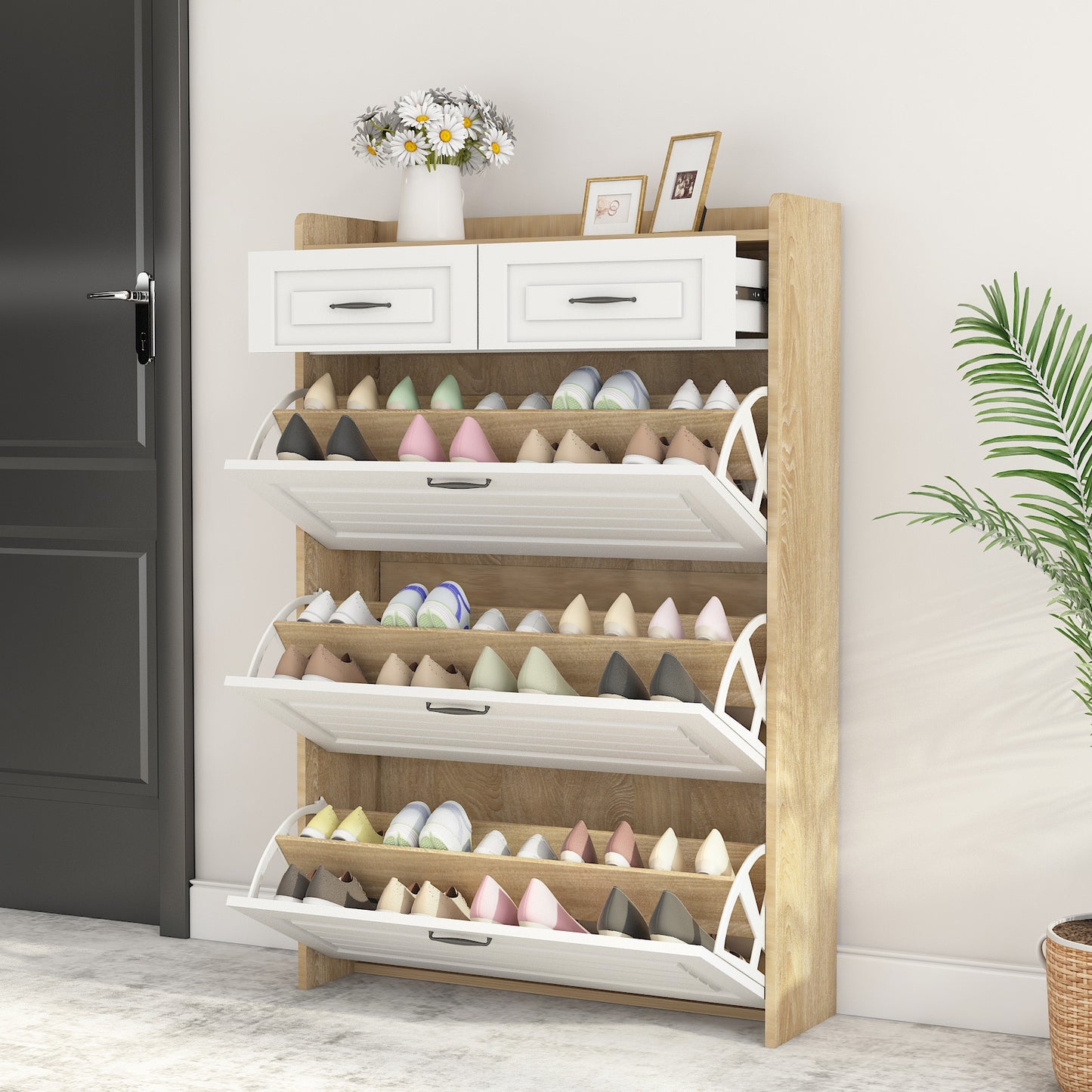 White + Oak Shoe Cabinet - 3 Drawers, Large Storage