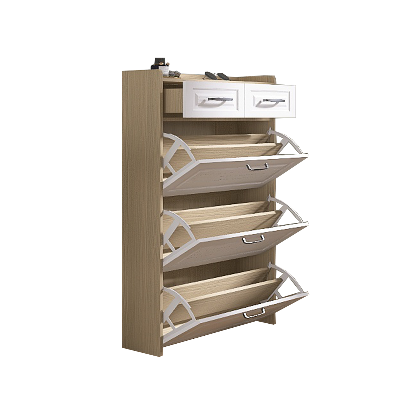 White + Oak Shoe Cabinet - 3 Drawers, Large Storage