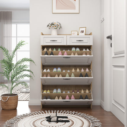 White + Oak Shoe Cabinet - 3 Drawers, Large Storage