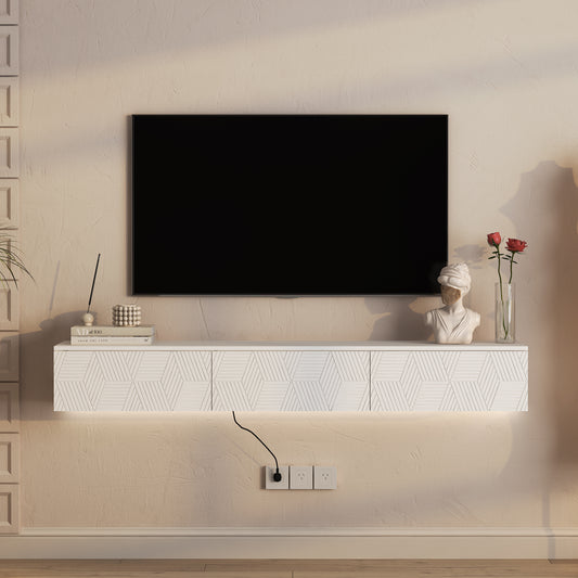 White Floating TV Stand with LED Lights - 67" Storage Cabinet for Living Room