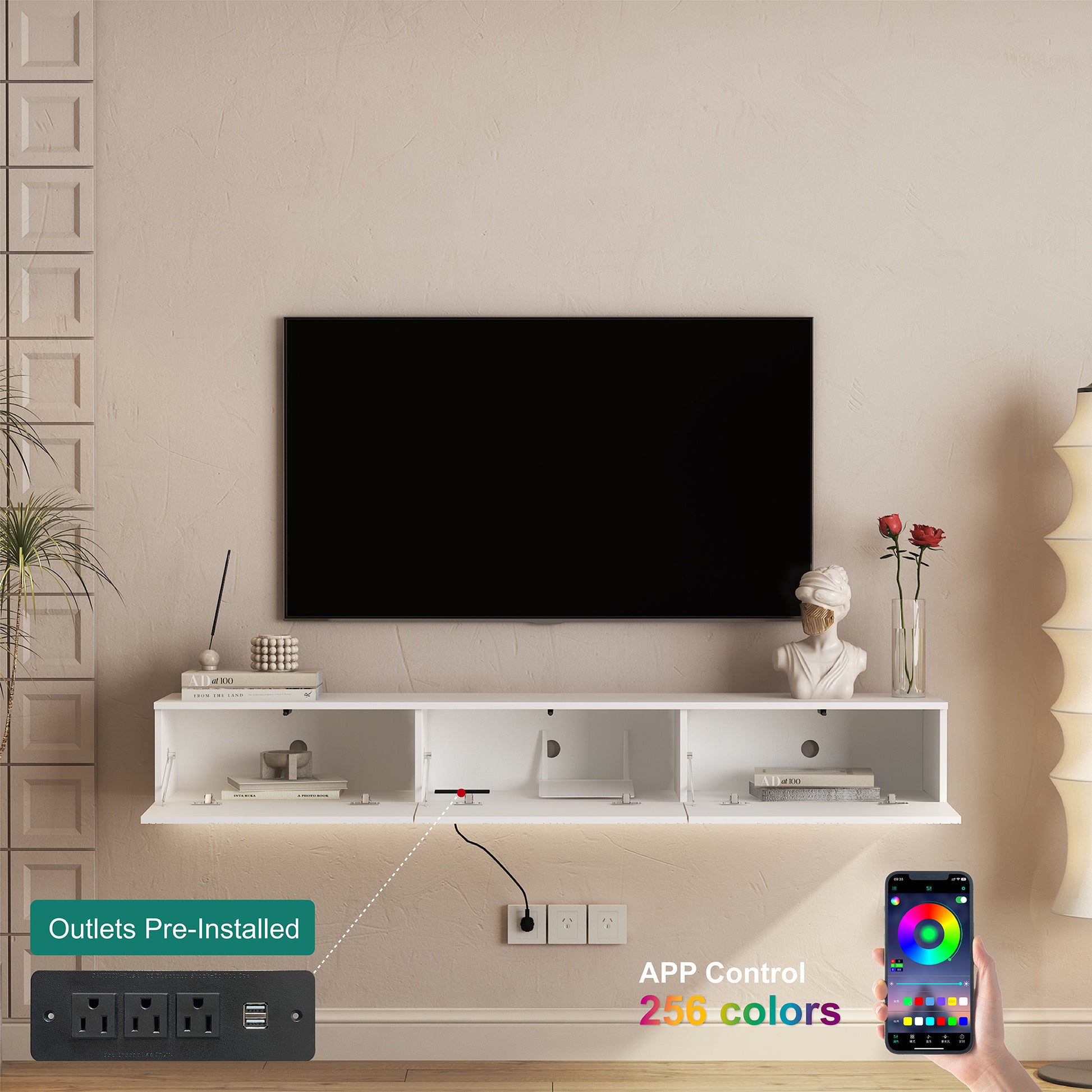 White Floating TV Stand with LED Lights - 67" Storage Cabinet for Living Room