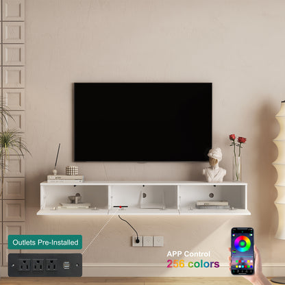 White Floating TV Stand with LED Lights - 67" Storage Cabinet for Living Room
