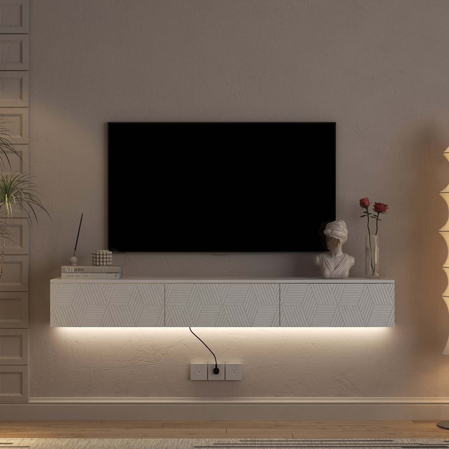 White Floating TV Stand with LED Lights - 67" Storage Cabinet for Living Room