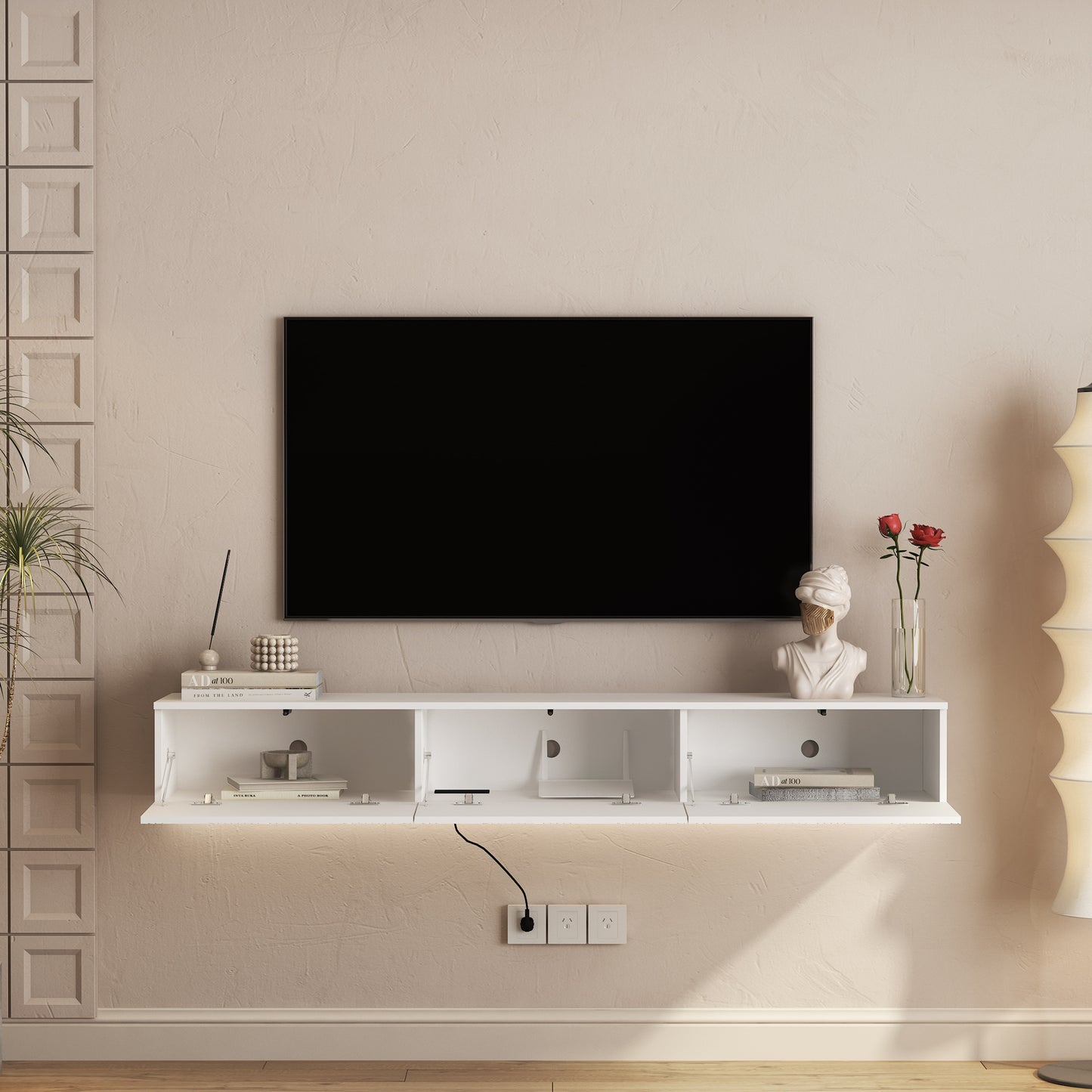 White Floating TV Stand with LED Lights - 67" Storage Cabinet for Living Room