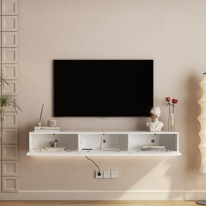 White Floating TV Stand with LED Lights - 67" Storage Cabinet for Living Room