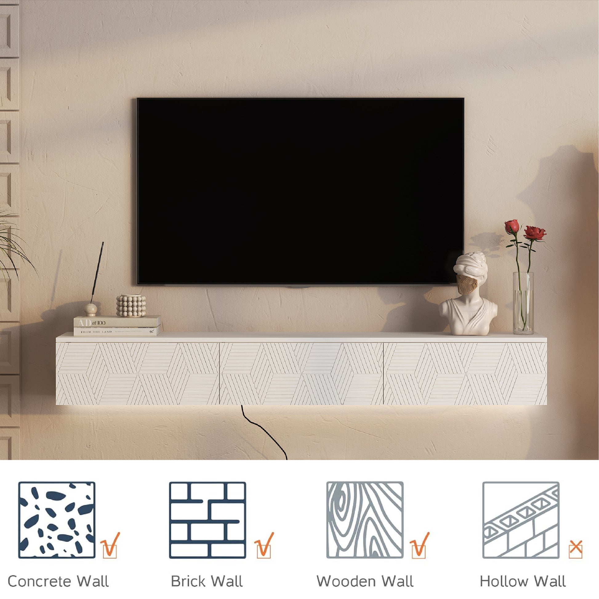 White Floating TV Stand with LED Lights - 67" Storage Cabinet for Living Room