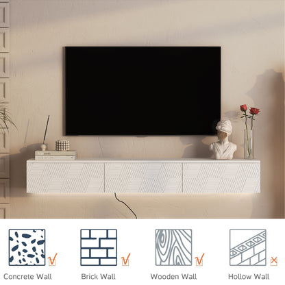 White Floating TV Stand with LED Lights - 67" Storage Cabinet for Living Room