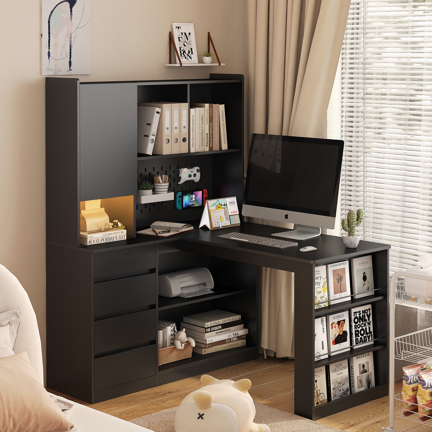 L Shaped Desk,Computer Desk with Drawers,Bookshelf,with LED Light,Modern Corner Desk,Home Office Desk,L-Shaped Study Table Writing Desk,Corner Gaming Computer Desk with Storage