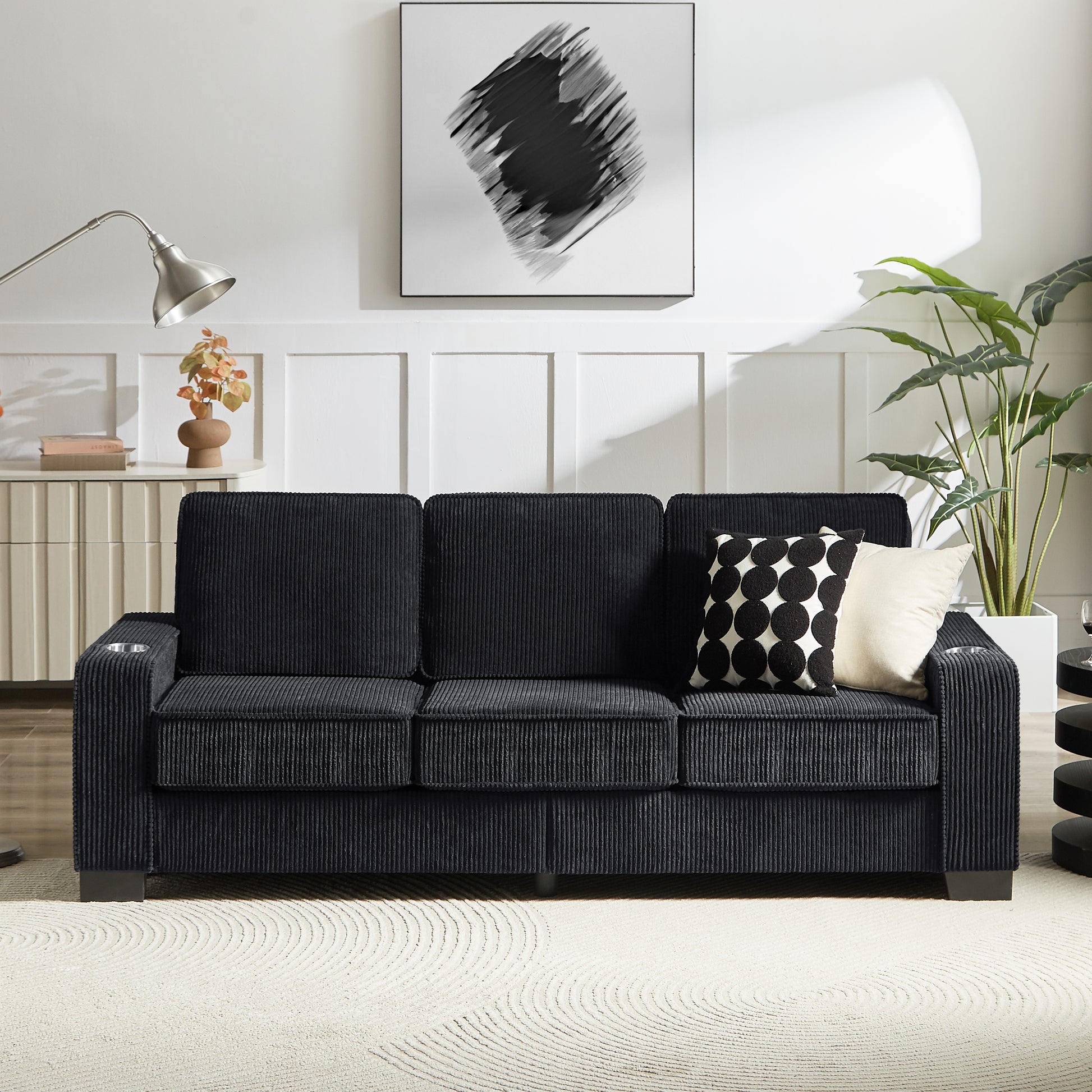 Black Corduroy 3 Seat Sofa - 84.25" Living Room Sofa