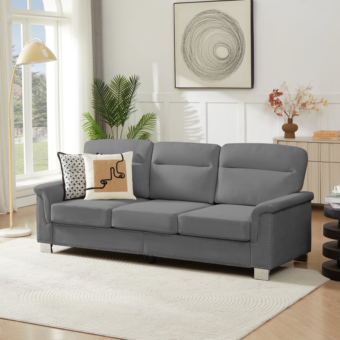 82" Gray 3-Seat Sofa - Comfortable Ice and Snow Velvet Fabric