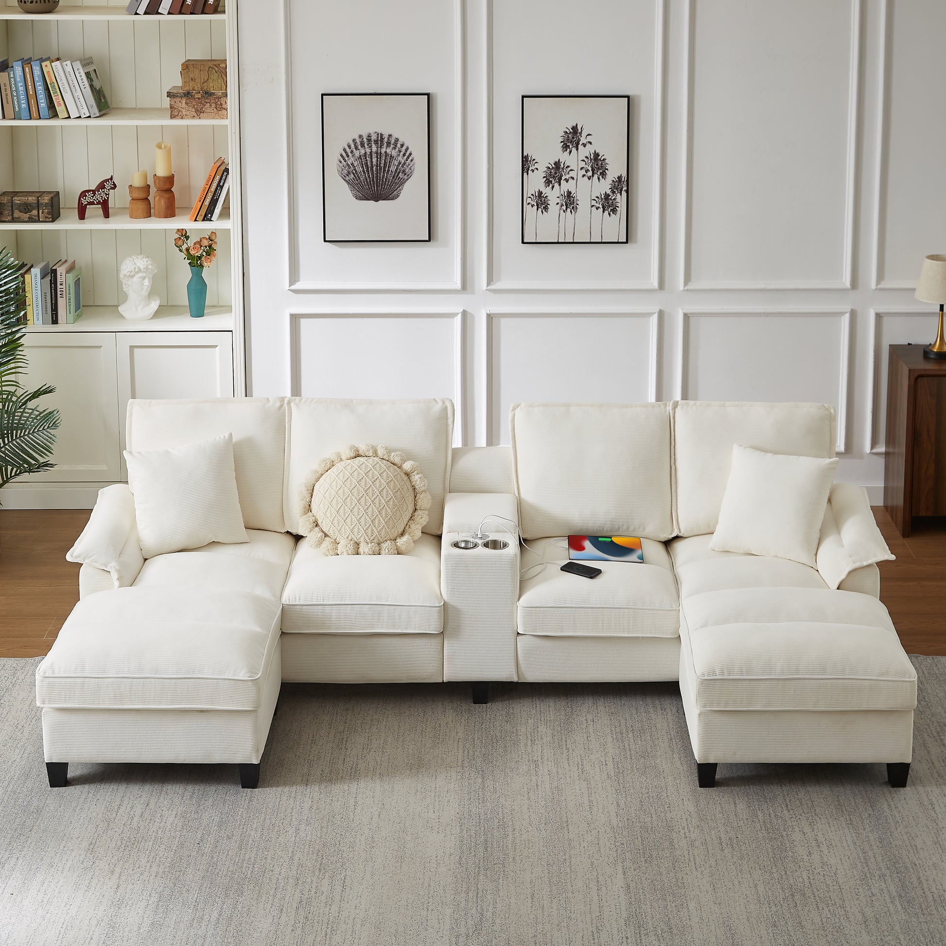 Living Room 121" Beige Corduroy Sectional Sofa with Storage Chaise – 4 Seat