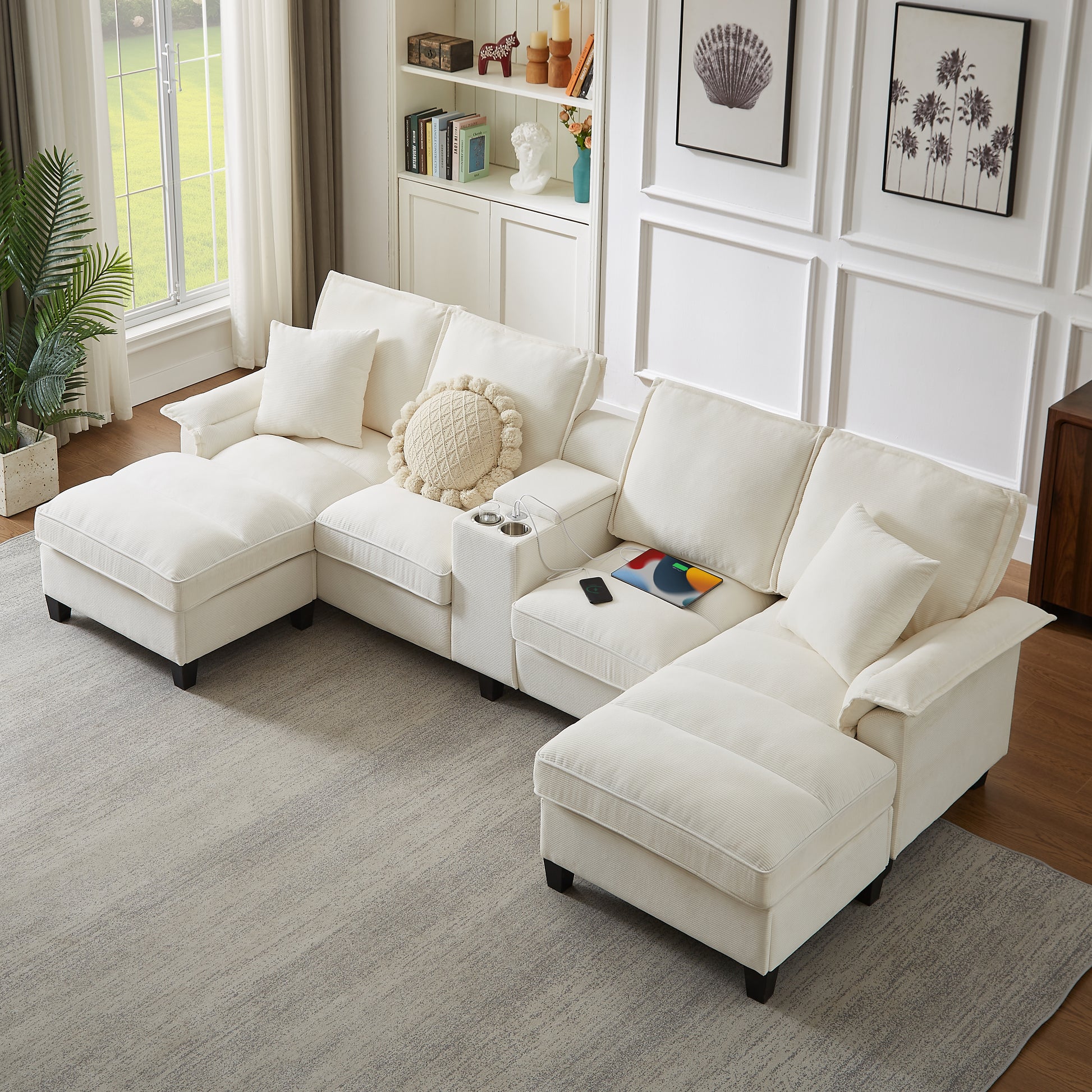 Living Room 121" Beige Corduroy Sectional Sofa with Storage Chaise – 4 Seat
