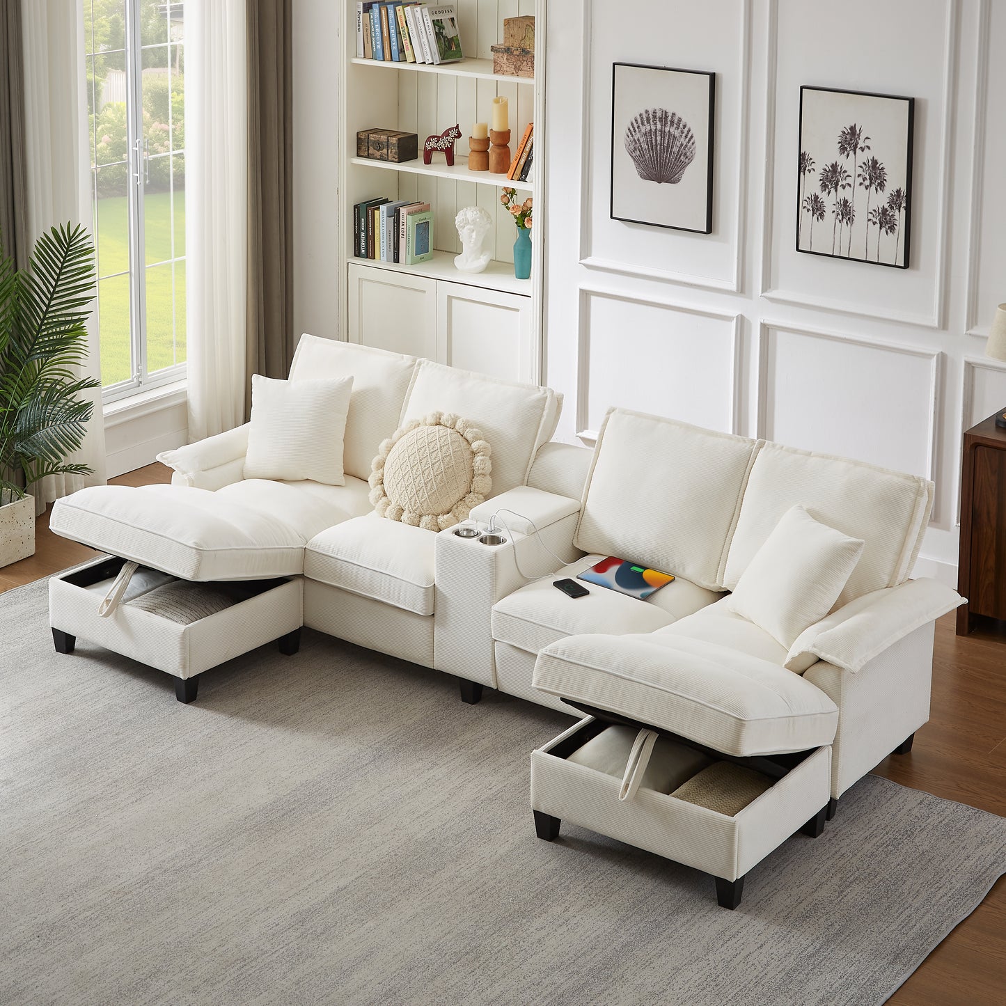 Living Room 121" Beige Corduroy Sectional Sofa with Storage Chaise – 4 Seat