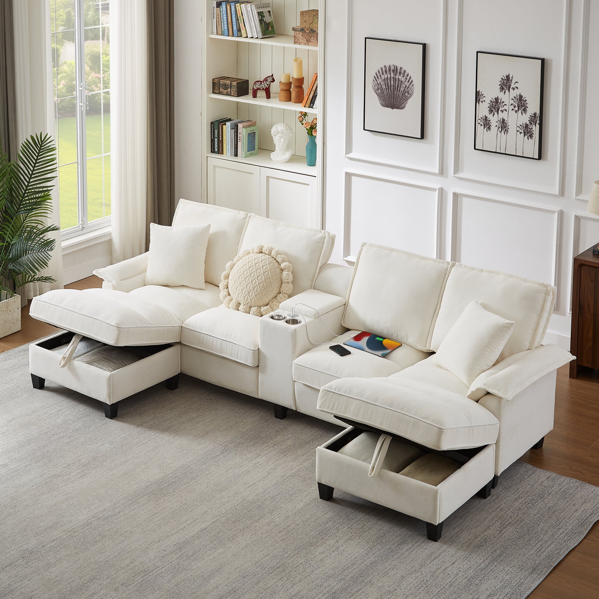 Living Room 121" Beige Corduroy Sectional Sofa with Storage Chaise – 4 Seat