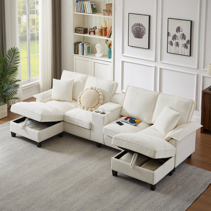 Living Room 121" Beige Corduroy Sectional Sofa with Storage Chaise – 4 Seat