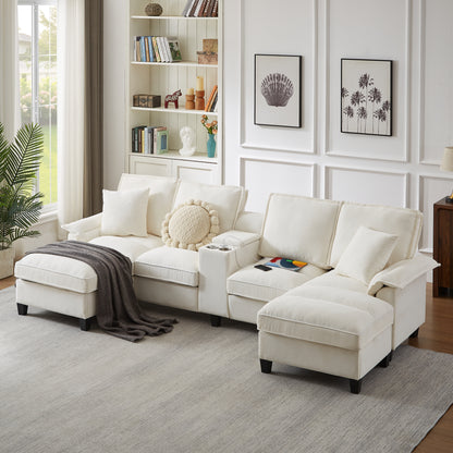 120" Modular Corduroy Sectional Sofa Bed with Storage – Modern U-Shaped Design, 4-Seater, Perfect for Living Room, Apartment, or Lounge, Featuring Cup Holders for Added Convenience (Beige)"​​