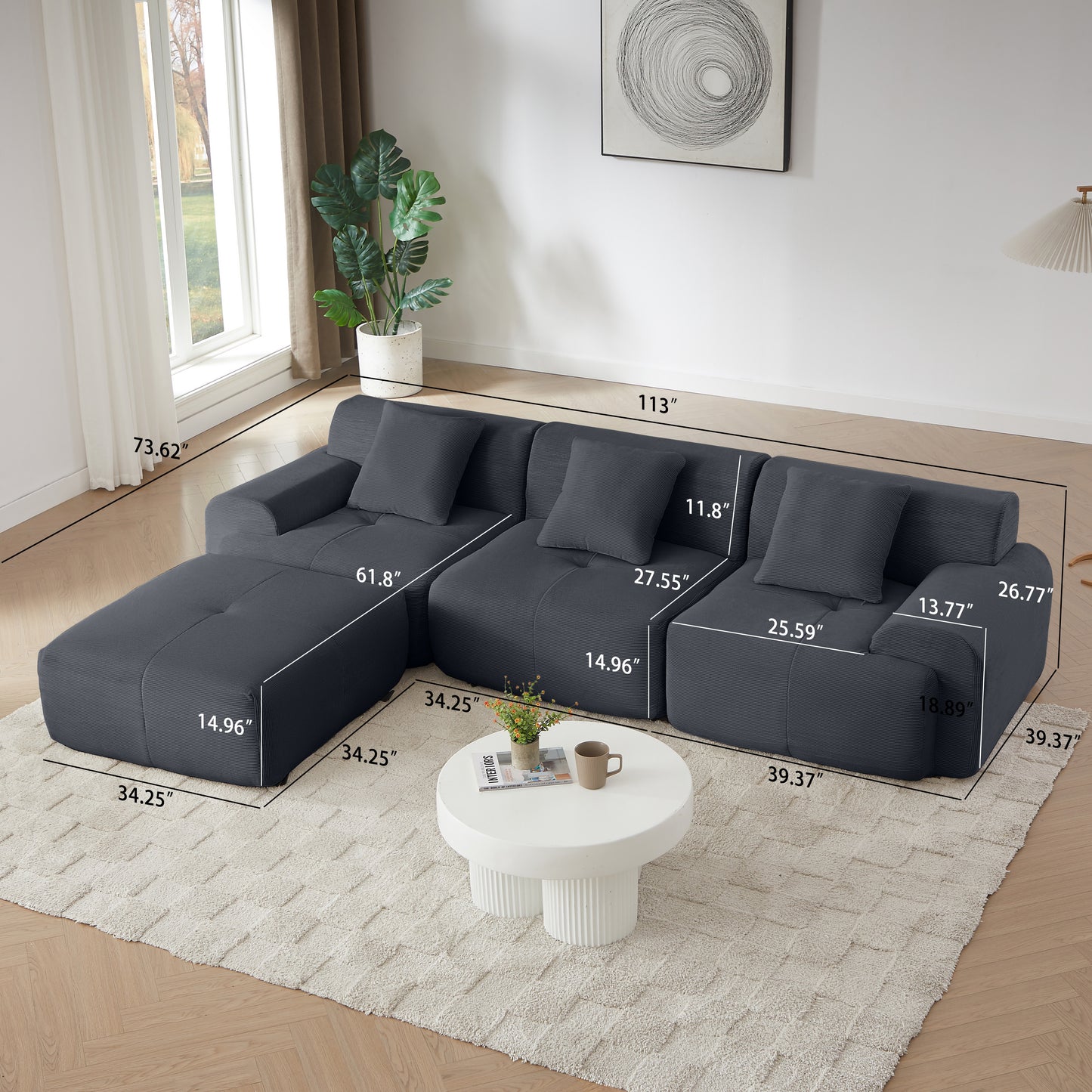 113" Dark Gray Corduroy L-Shaped Sofa - 3 Seat Modular Sectional