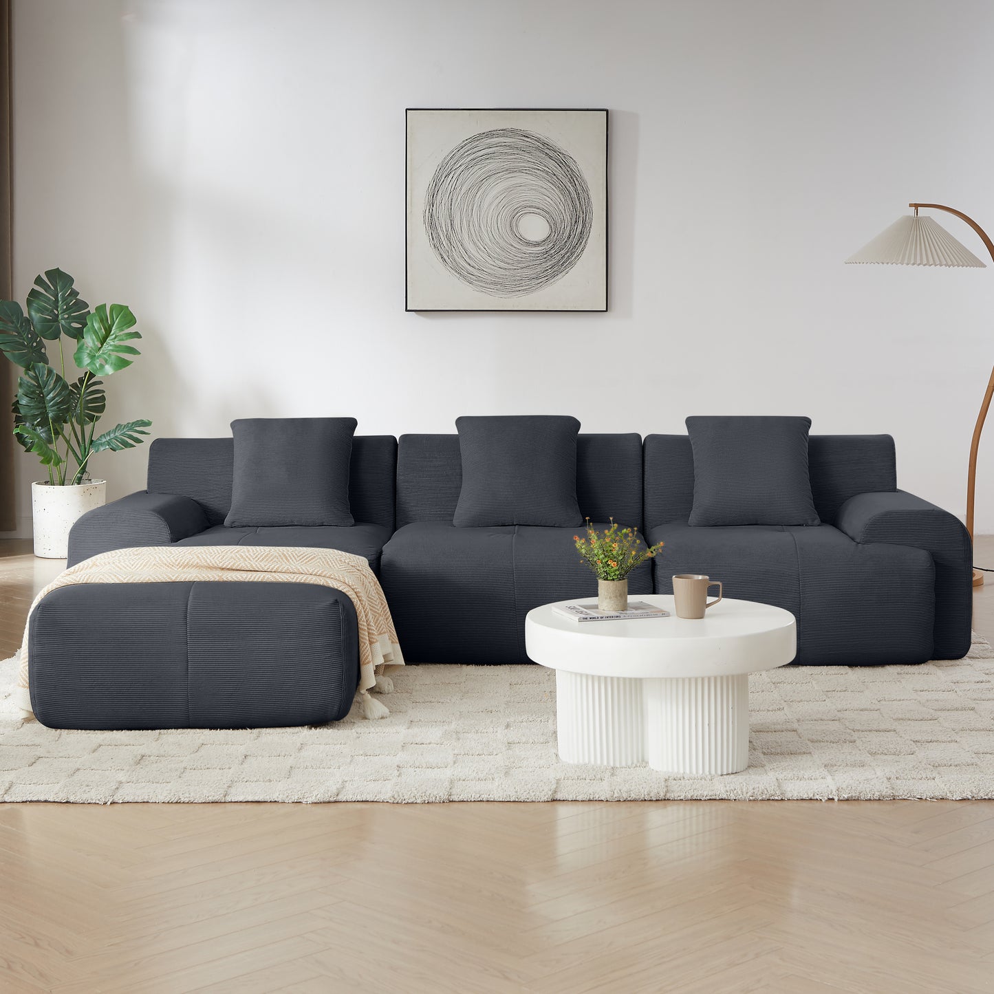 113" Dark Gray Corduroy L-Shaped Sofa - 3 Seat Modular Sectional